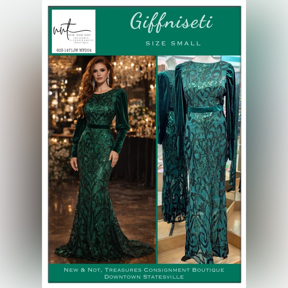 Modest Emerald Green Long Velvet Sleeve Sequin Mesh Gown Small Formal Dress